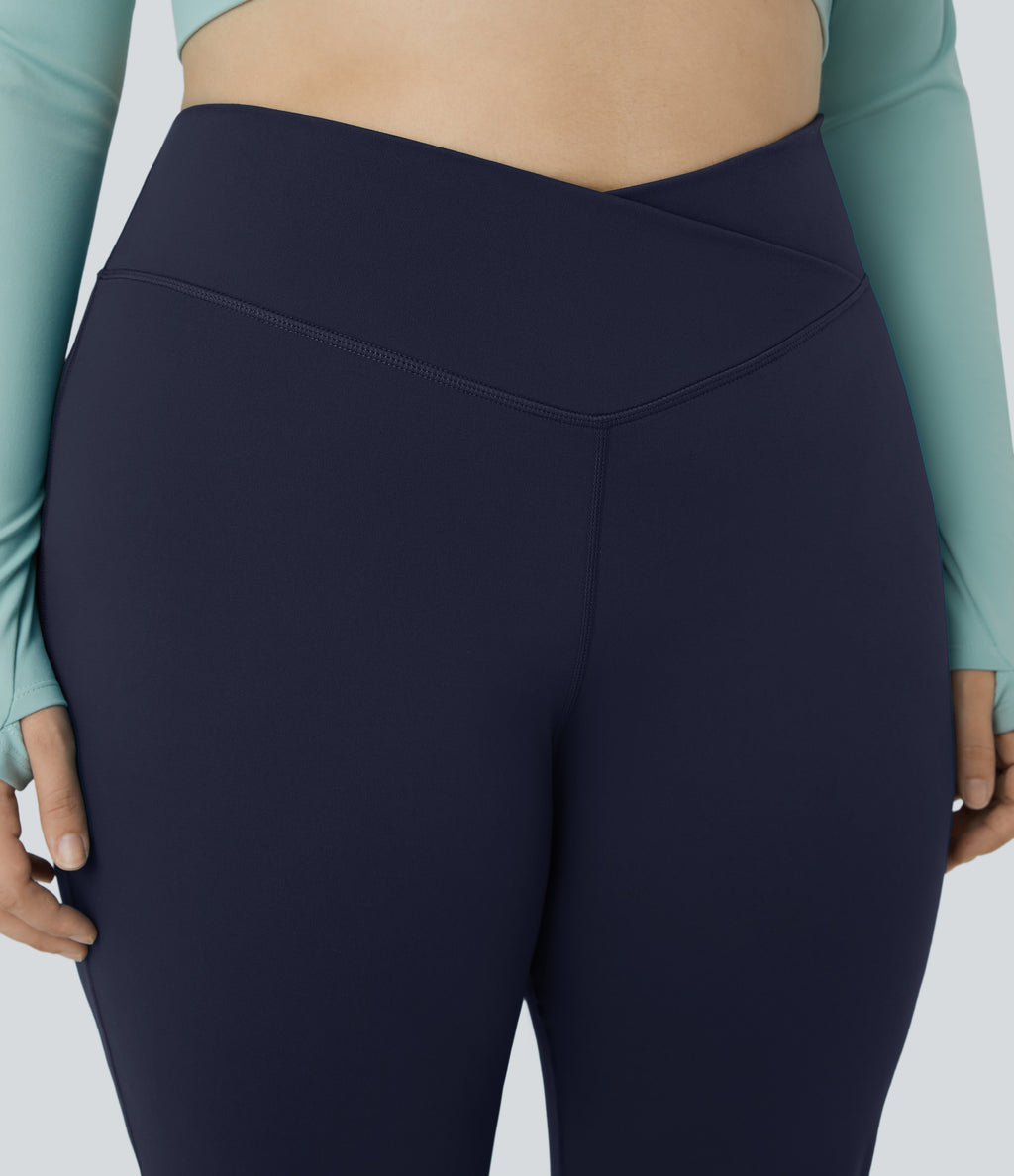 High Waisted Crossover Full Length Flare Plus Size Leggings — Midnight Blue — view 4