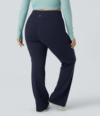 High Waisted Crossover Full Length Flare Plus Size Leggings — Midnight Blue — view 2