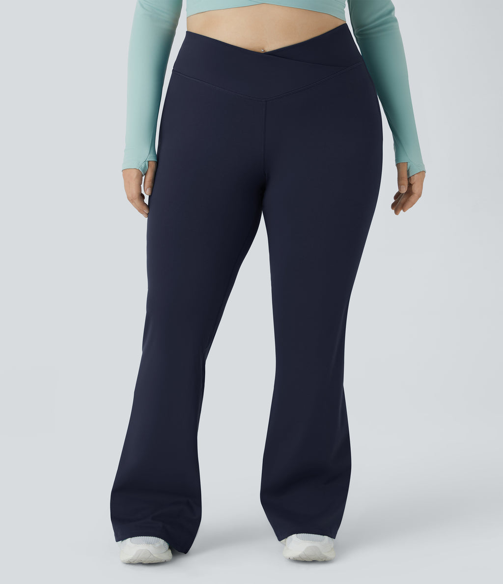 High Waisted Crossover Full Length Flare Plus Size Leggings — Midnight Blue — view 3