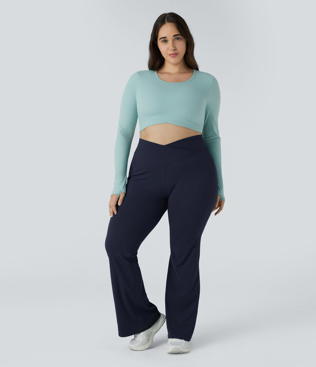 High Waisted Crossover Full Length Flare Plus Size Leggings — Midnight Blue — view 5