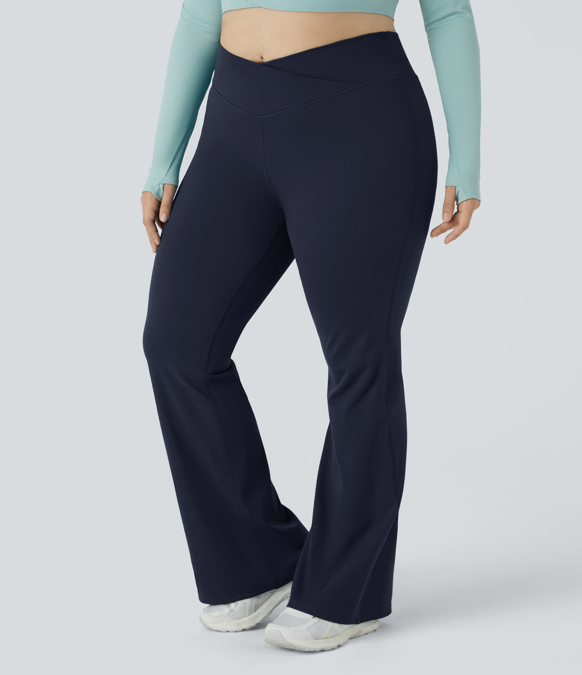 High Waisted Crossover Full Length Flare Plus Size Leggings — Midnight Blue — view 1