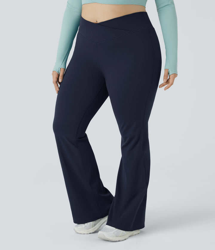 High Waisted Crossover Full Length Flare Plus Size Leggings — Midnight Blue — view 1
