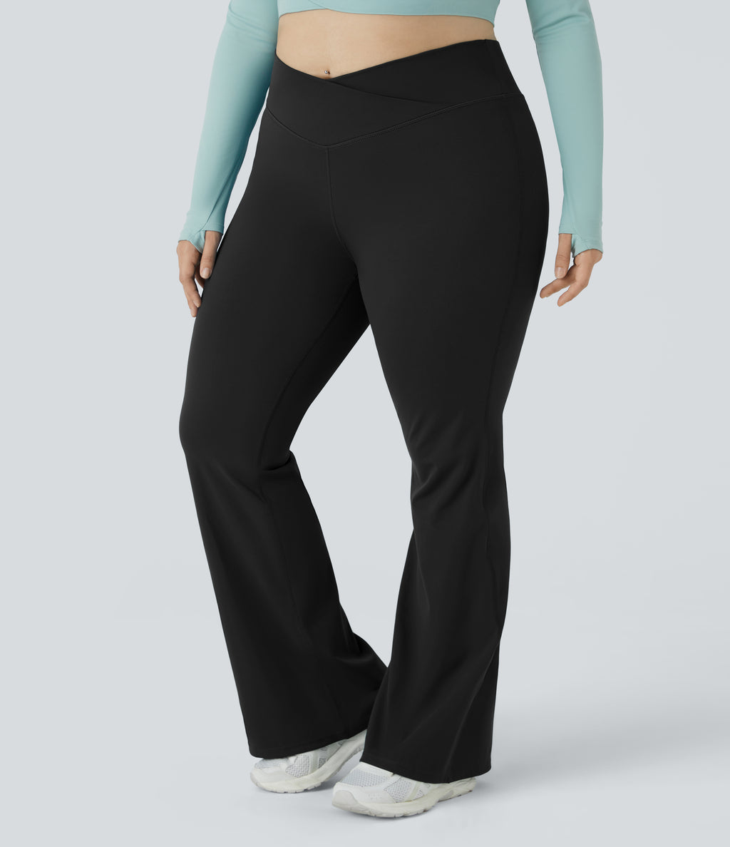 High Waisted Crossover Full Length Flare Plus Size Leggings — Black — view 6