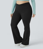 High Waisted Crossover Full Length Flare Plus Size Leggings — Black — view 6