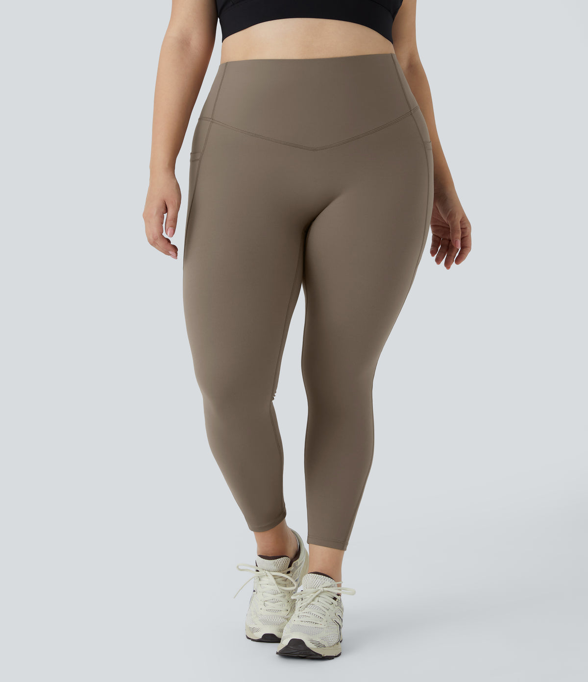 High Waisted Tummy Control Pocket Shaping Training Plus Size Leggings — Dawn Brown — view 4