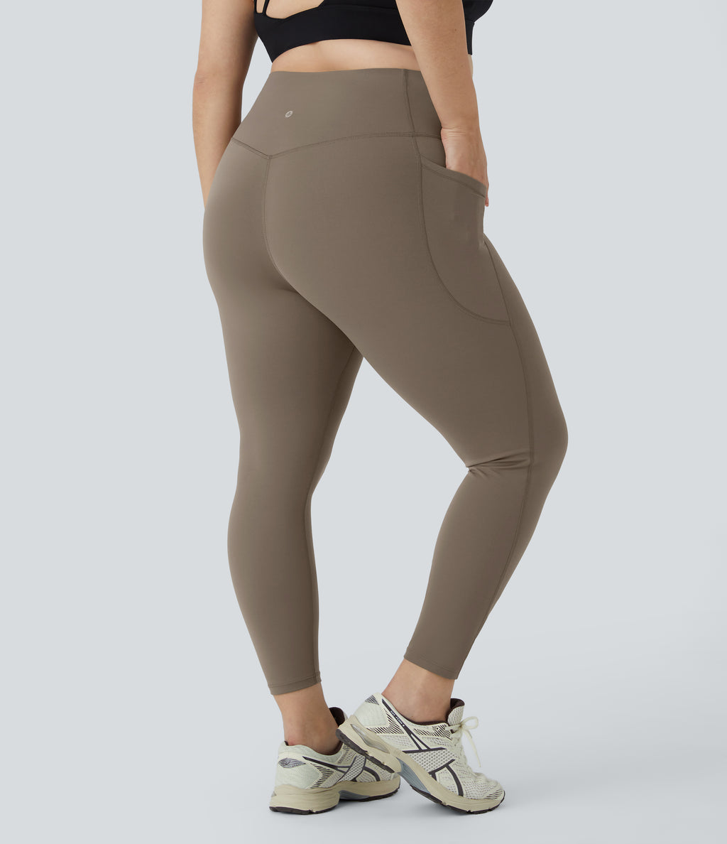 High Waisted Tummy Control Pocket Shaping Training Plus Size Leggings — Dawn Brown — view 3
