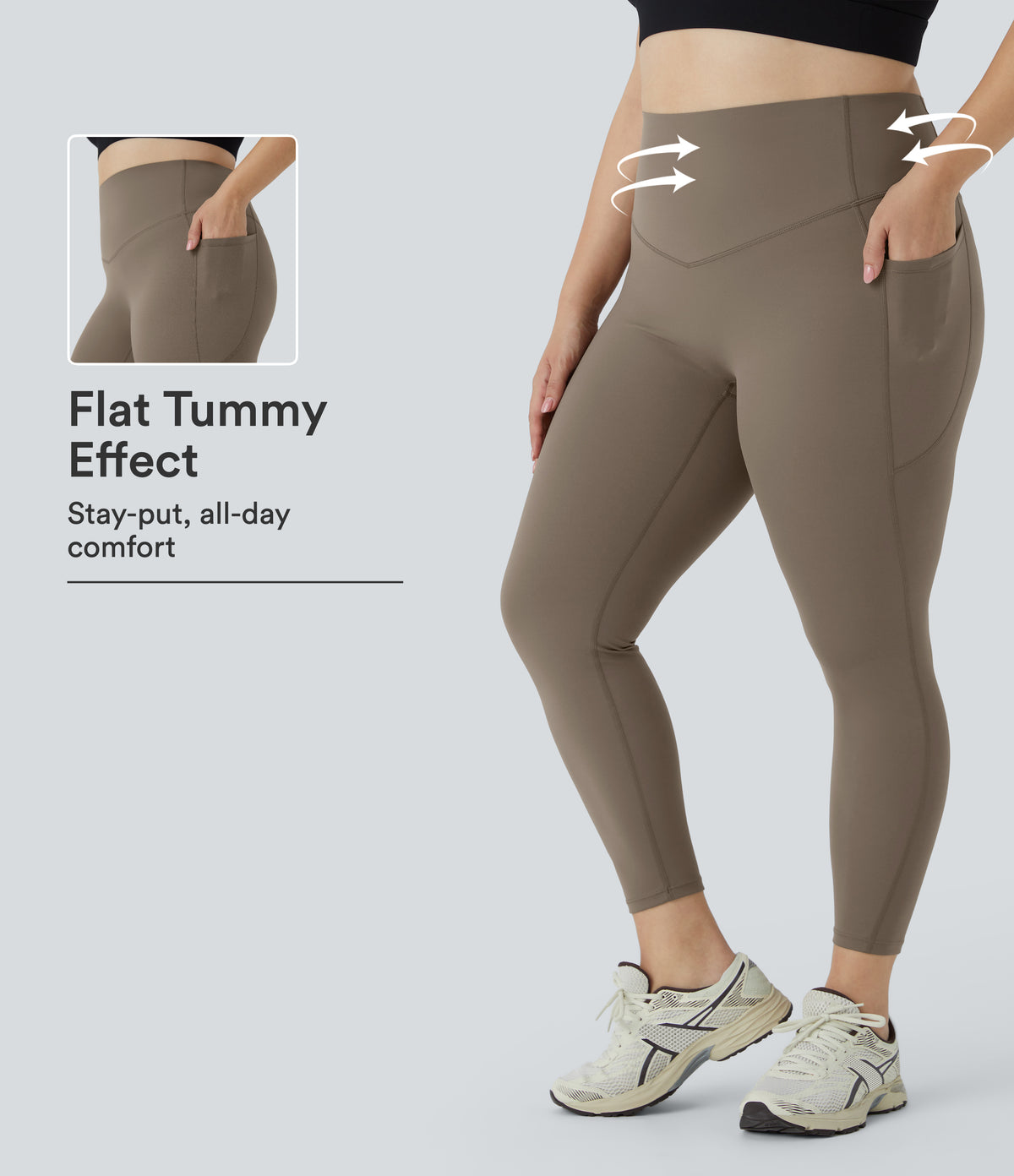 High Waisted Tummy Control Pocket Shaping Training Plus Size Leggings — Dawn Brown — view 1