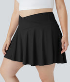 Airy Comfy High Waisted Crossover 2-in-1 Pocket Plus Size Flare InstantCool Tennis Skirt — Black — view 6