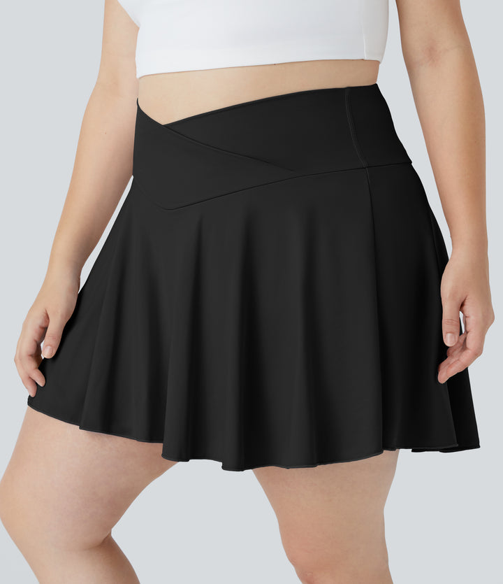 Airy Comfy High Waisted Crossover 2-in-1 Pocket Plus Size Flare InstantCool Tennis Skirt — Black — view 6