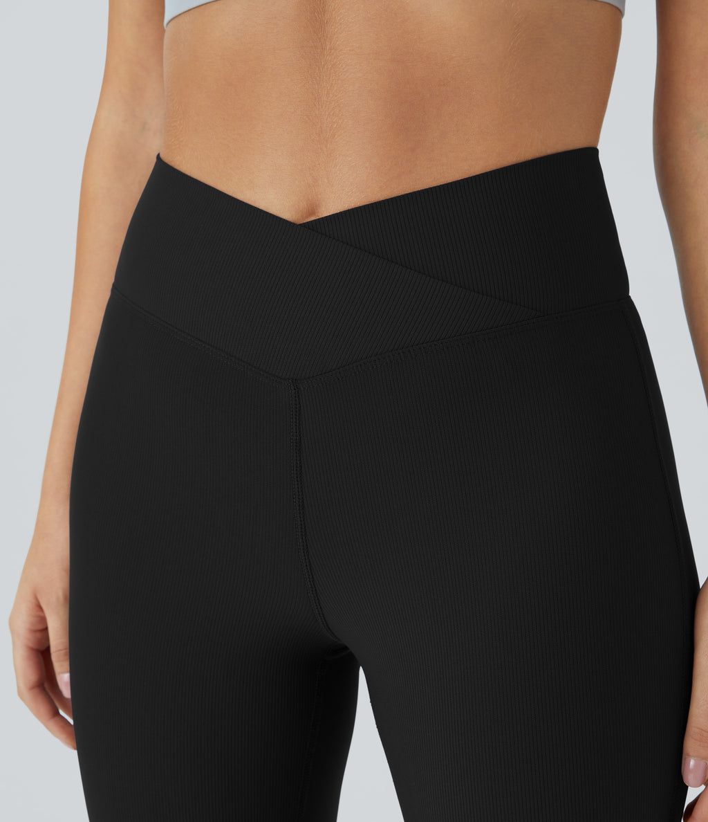 Flow Pet Hair Resistant Crossover High Waisted Back Pocket Super Flared Leggings — Black — view 4
