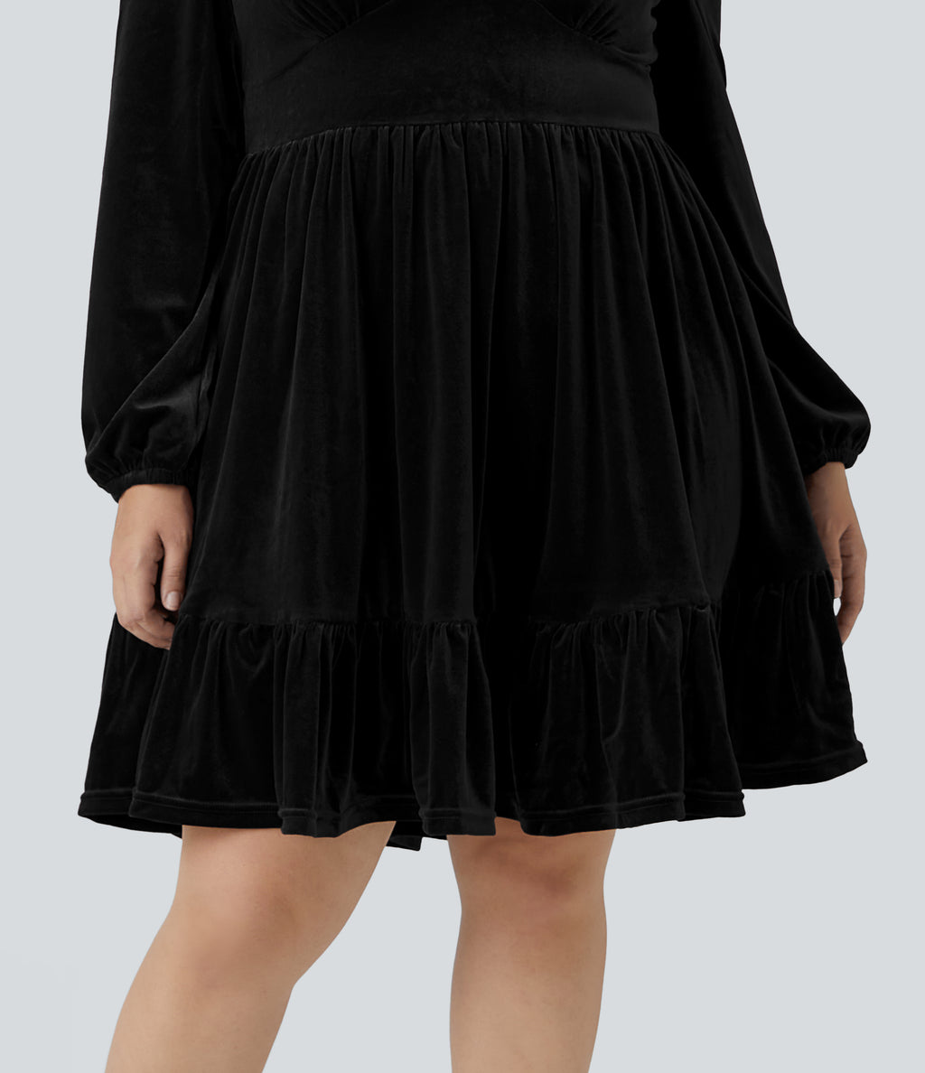 Everyday Deep V Neck Long Sleeve Ruffled Hem Velvet Plus Size Mini Chill Dress — Black — view 5