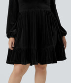 Everyday Deep V Neck Long Sleeve Ruffled Hem Velvet Plus Size Mini Chill Dress — Black — view 5