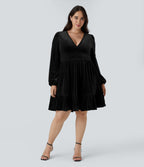 Everyday Deep V Neck Long Sleeve Ruffled Hem Velvet Plus Size Mini Chill Dress — Black — view 1