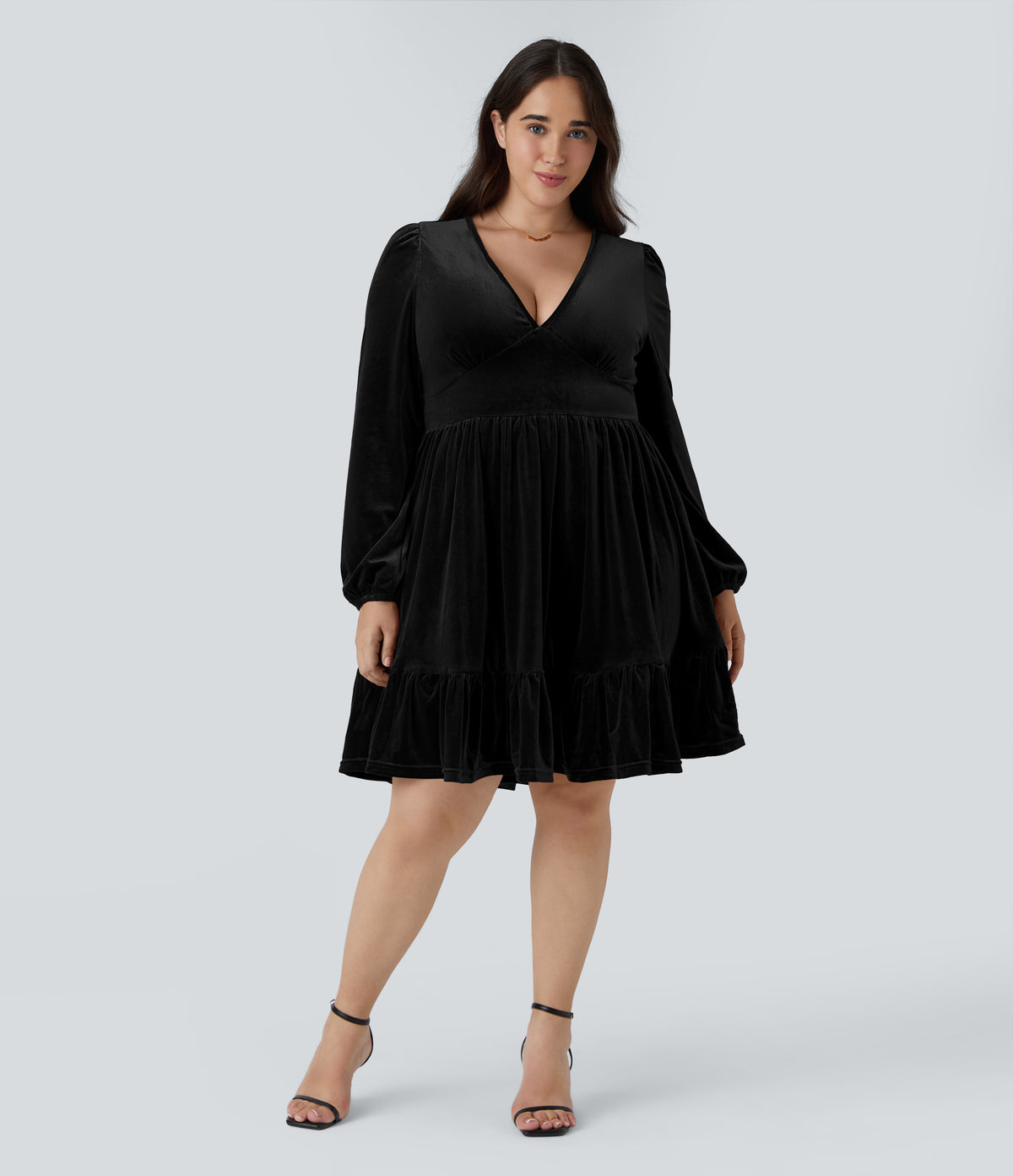 Everyday Deep V Neck Long Sleeve Ruffled Hem Velvet Plus Size Mini Chill Dress — Black — view 1