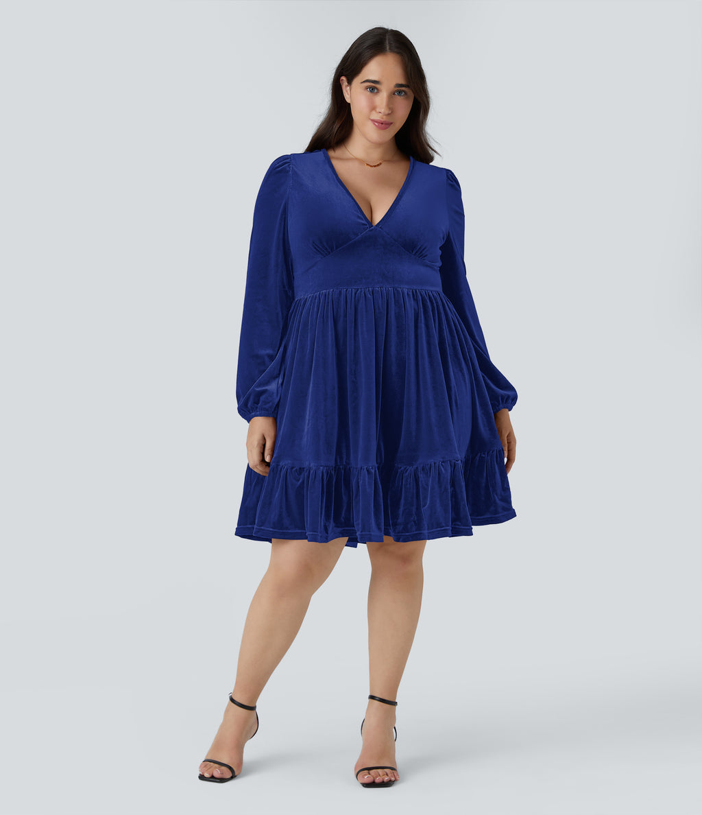 Everyday Deep V Neck Long Sleeve Ruffled Hem Velvet Plus Size Mini Chill Dress — Midnight Ocean — view 6