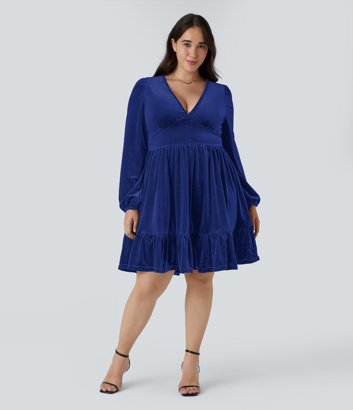 Everyday Deep V Neck Long Sleeve Ruffled Hem Velvet Plus Size Mini Chill Dress — Midnight Ocean — view 6