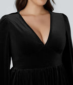Everyday Deep V Neck Long Sleeve Ruffled Hem Velvet Plus Size Mini Chill Dress — Black — view 4