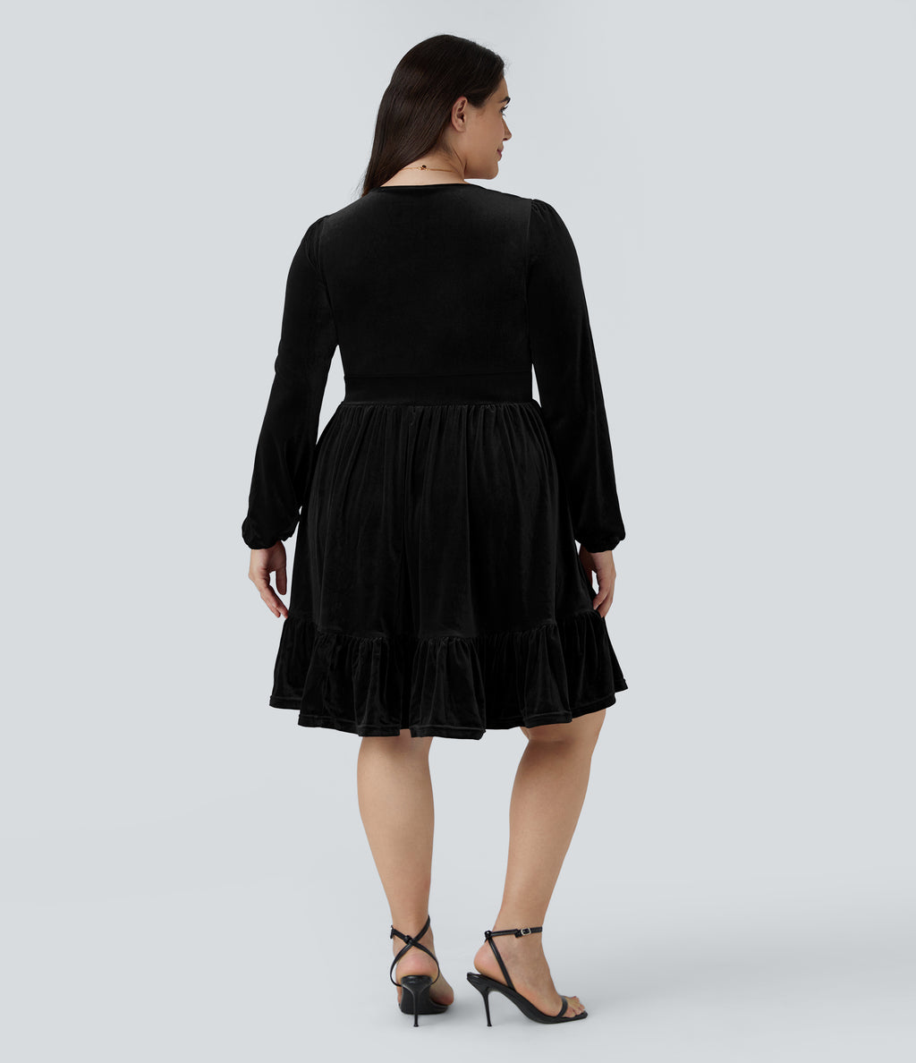 Everyday Deep V Neck Long Sleeve Ruffled Hem Velvet Plus Size Mini Chill Dress — Black — view 2