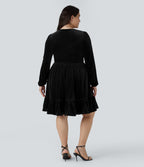 Everyday Deep V Neck Long Sleeve Ruffled Hem Velvet Plus Size Mini Chill Dress — Black — view 2