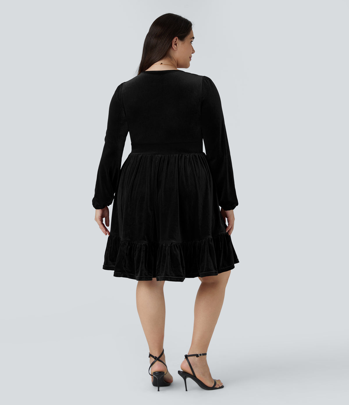 Everyday Deep V Neck Long Sleeve Ruffled Hem Velvet Plus Size Mini Chill Dress — Black — view 2