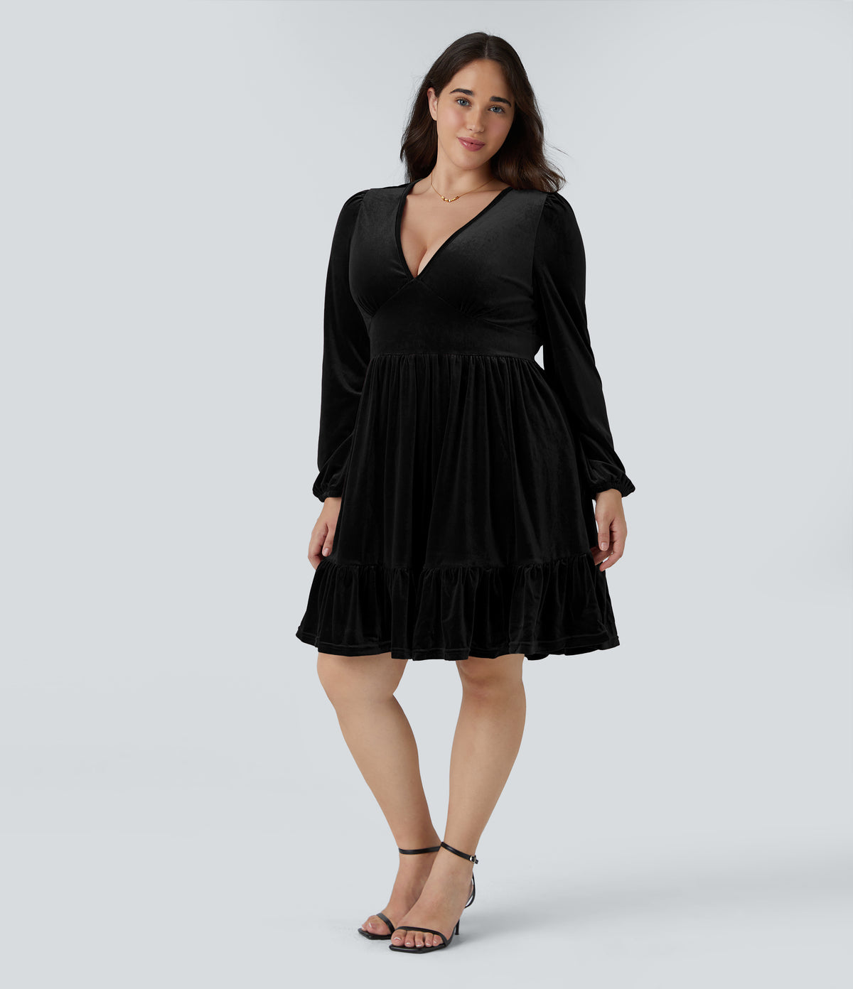 Everyday Deep V Neck Long Sleeve Ruffled Hem Velvet Plus Size Mini Chill Dress — Black — view 3