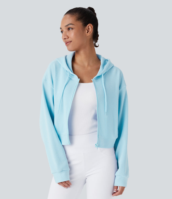 Waffle Hooded Drawstring Zipper Cropped Casual Sports Sweatshirt — Spa Retreat — view 1
