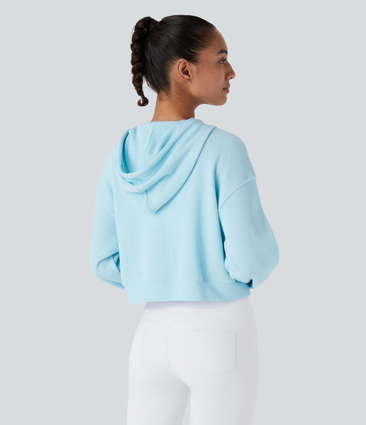 Waffle Hooded Drawstring Zipper Cropped Casual Sports Sweatshirt — Spa Retreat — view 2