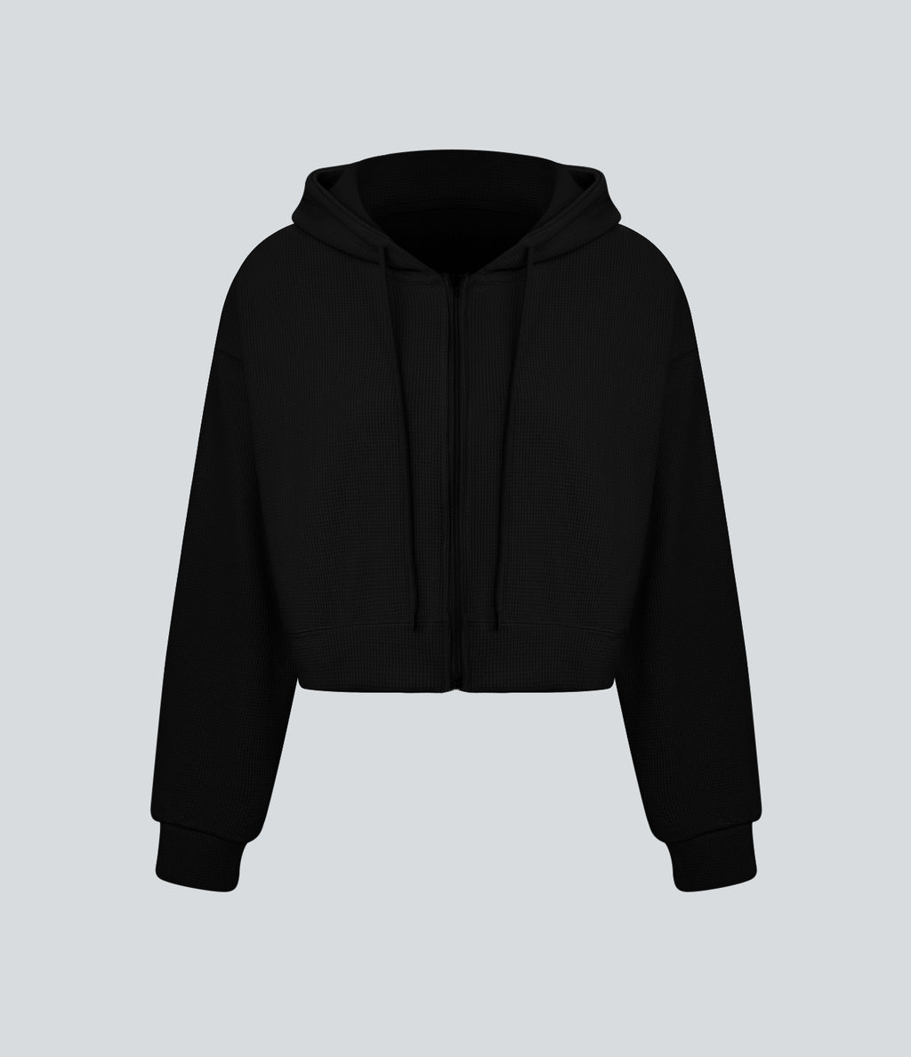 Waffle Hooded Drawstring Zipper Cropped Casual Sports Sweatshirt — Black — view 6