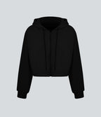 Waffle Hooded Drawstring Zipper Cropped Casual Sports Sweatshirt — Black — view 6