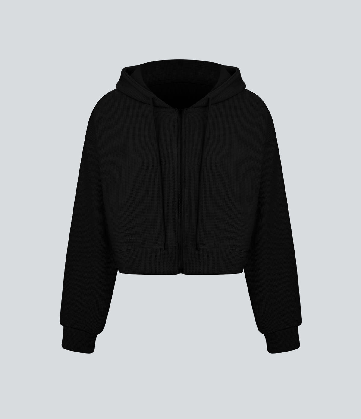 Waffle Hooded Drawstring Zipper Cropped Casual Sports Sweatshirt — Black — view 6