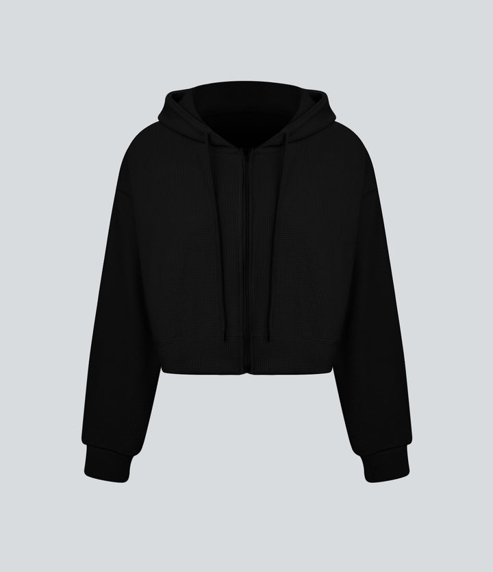 Waffle Hooded Drawstring Zipper Cropped Casual Sports Sweatshirt — Black — view 6