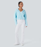 Waffle Hooded Drawstring Zipper Cropped Casual Sports Sweatshirt — Spa Retreat — view 5
