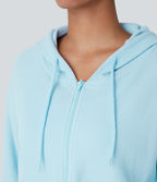 Waffle Hooded Drawstring Zipper Cropped Casual Sports Sweatshirt — Spa Retreat — view 4