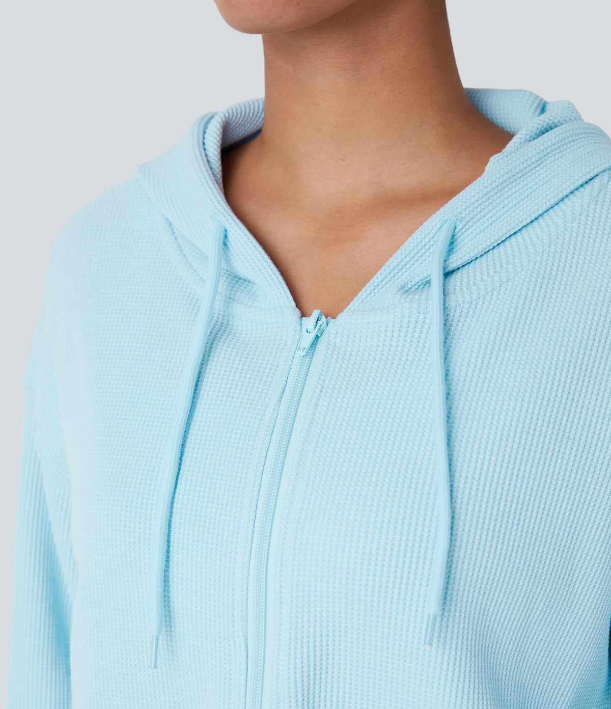 Waffle Hooded Drawstring Zipper Cropped Casual Sports Sweatshirt — Spa Retreat — view 4