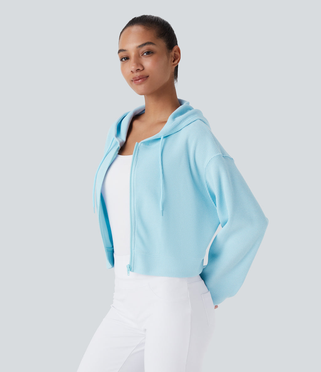 Waffle Hooded Drawstring Zipper Cropped Casual Sports Sweatshirt — Spa Retreat — view 3