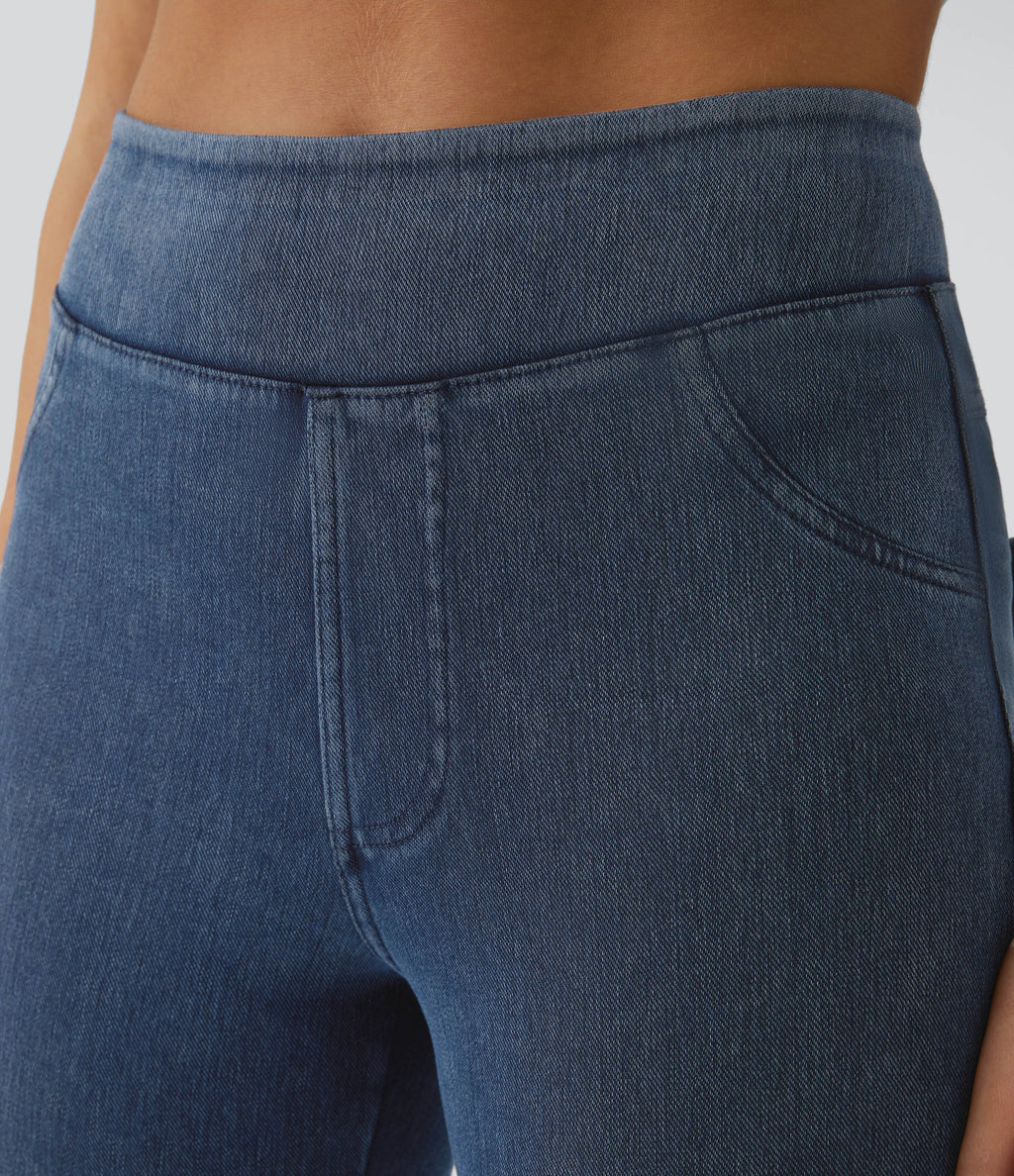 High Waisted Pocket Denim Casual Leggings — Washed Denim Bleached Blue — view 4