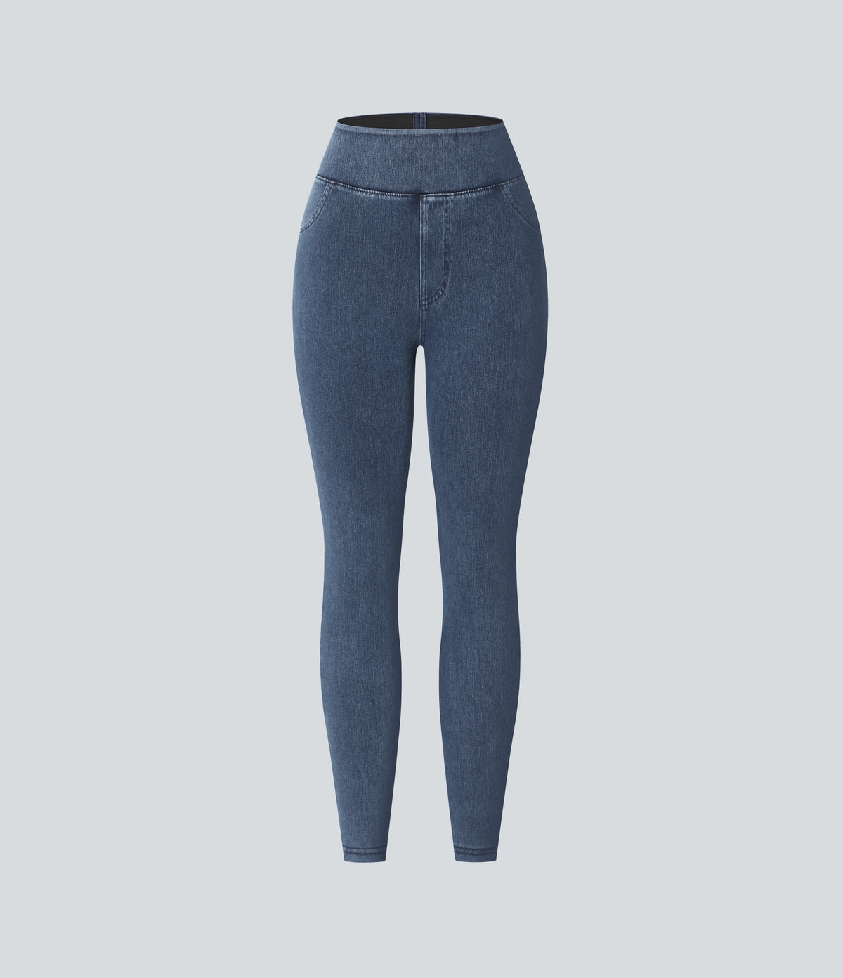 High Waisted Pocket Denim Casual Leggings — Washed Denim Bleached Blue — view 7