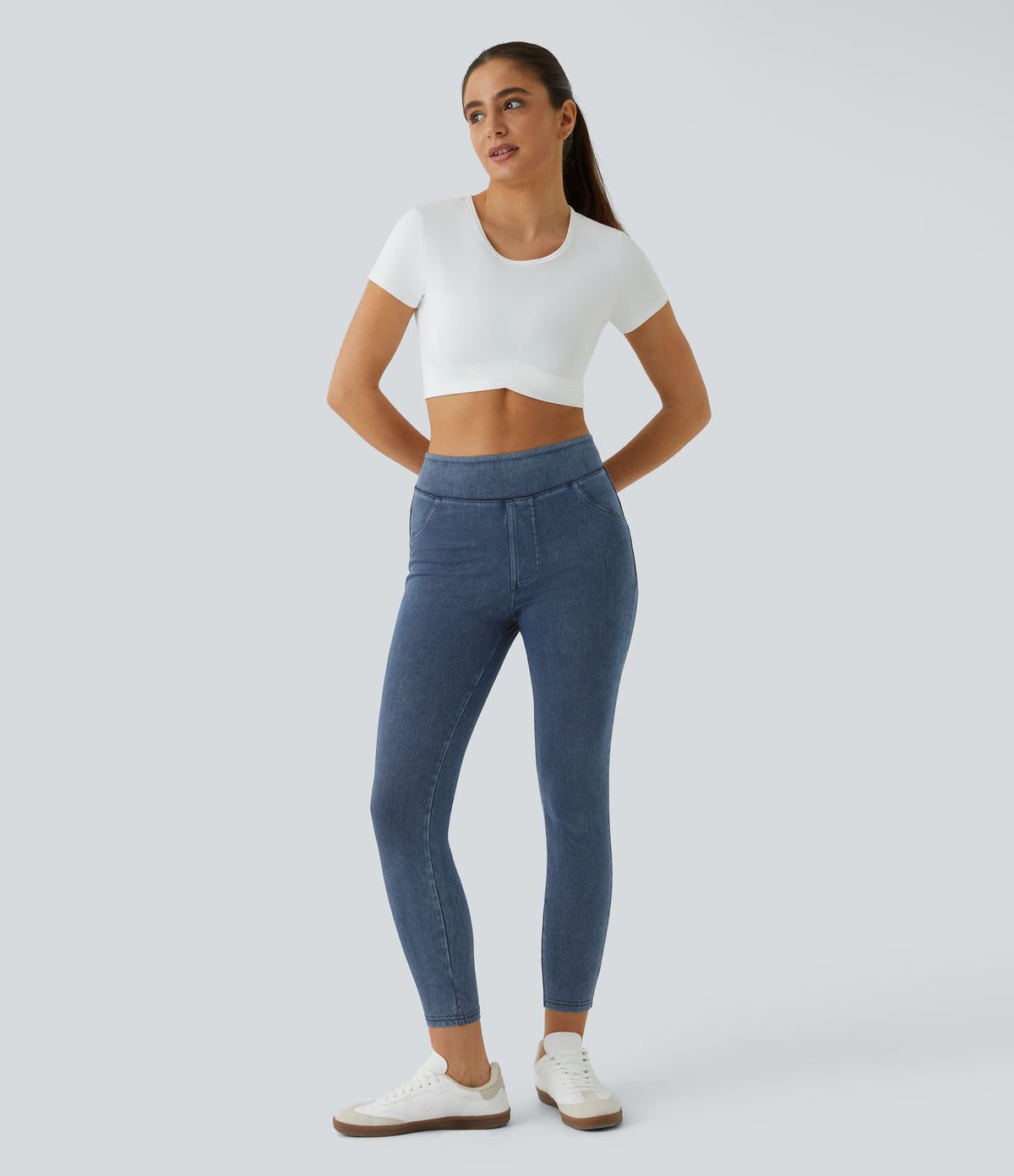High Waisted Pocket Denim Casual Leggings — Washed Denim Bleached Blue — view 6
