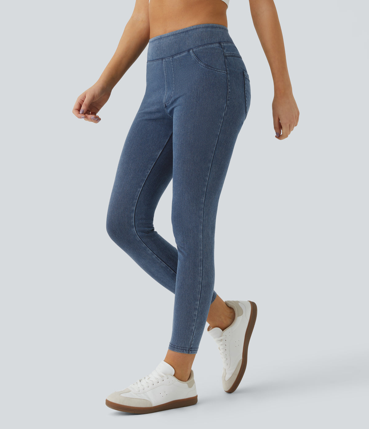 High Waisted Pocket Denim Casual Leggings — Washed Denim Bleached Blue — view 3