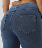 High Waisted Pocket Denim Casual Leggings — Washed Denim Bleached Blue — view 5