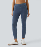 High Waisted Pocket Denim Casual Leggings — Washed Denim Bleached Blue — view 2