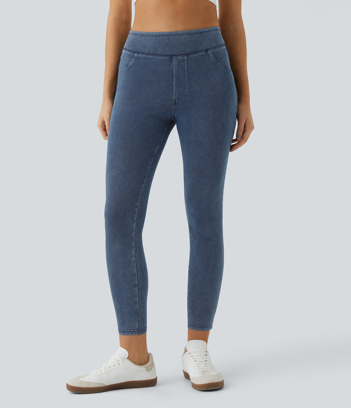 High Waisted Pocket Denim Casual Leggings — Washed Denim Bleached Blue — view 2