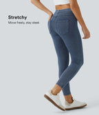 High Waisted Pocket Denim Casual Leggings — Washed Denim Bleached Blue — view 1
