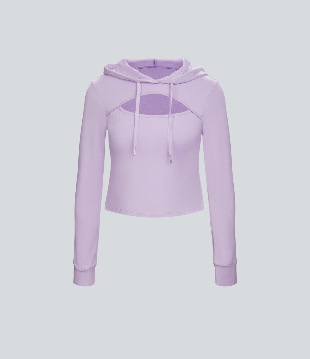 Hooded Drawstring Cut Out Casual Hoodie Sweatshirt — Misty Purple — view 6