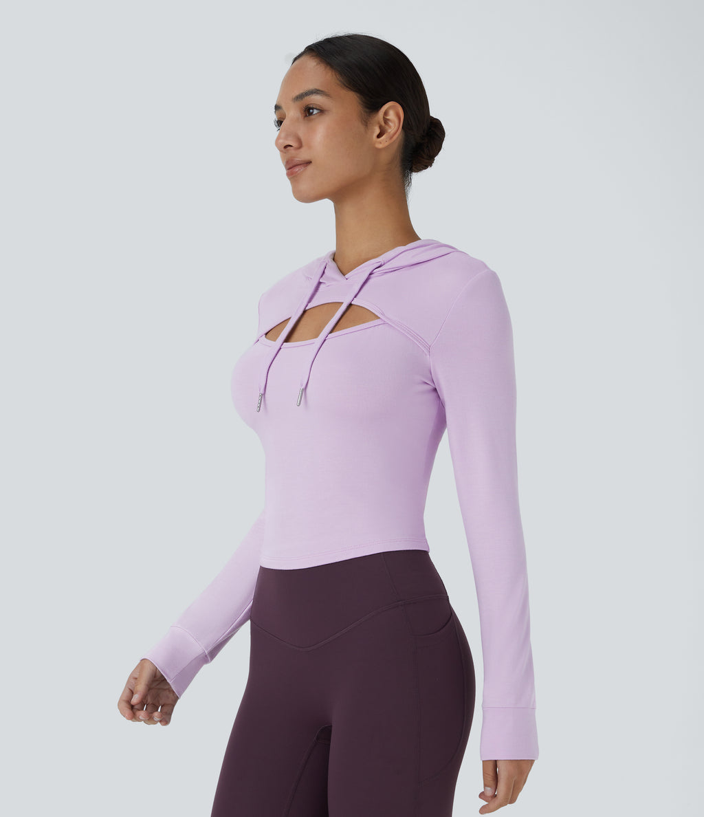 Hooded Drawstring Cut Out Casual Hoodie Sweatshirt — Misty Purple — view 3