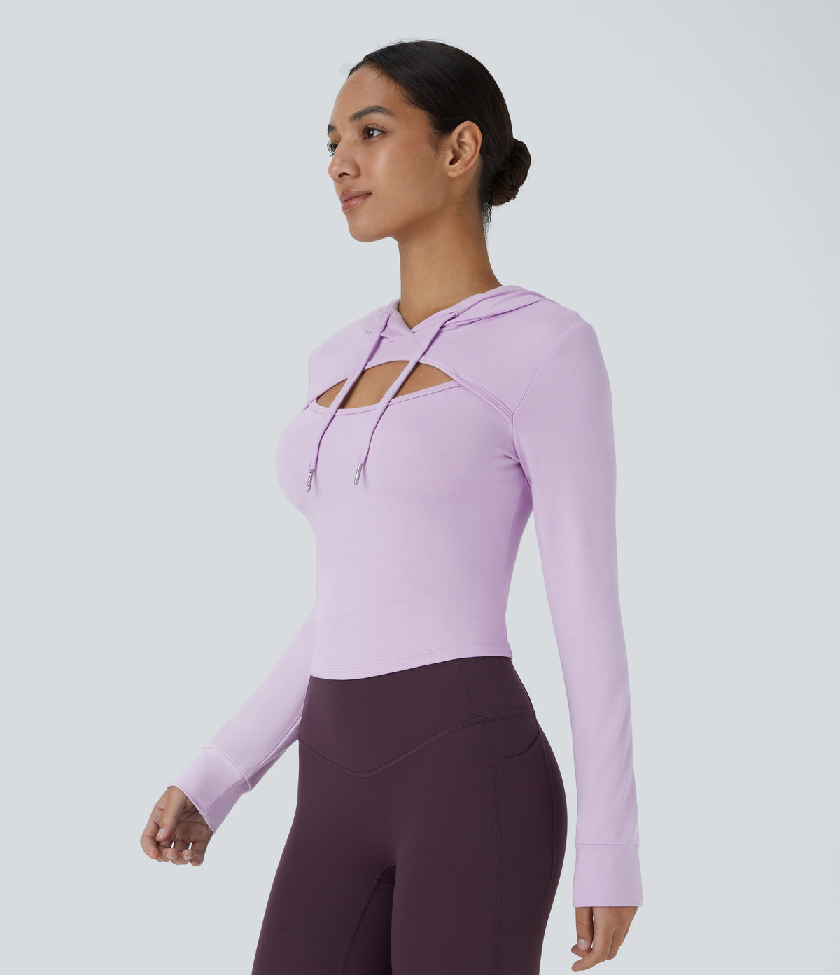Hooded Drawstring Cut Out Casual Hoodie Sweatshirt — Misty Purple — view 3