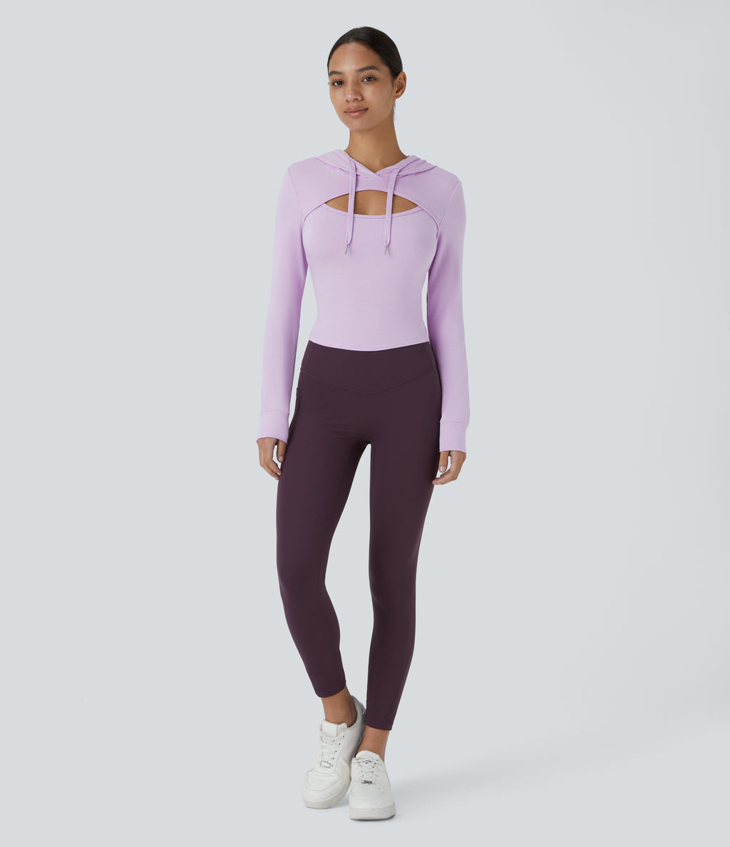 Hooded Drawstring Cut Out Casual Hoodie Sweatshirt — Misty Purple — view 5