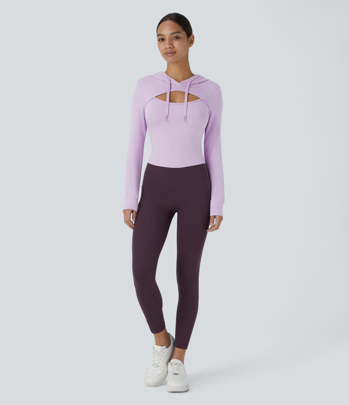 Hooded Drawstring Cut Out Casual Hoodie Sweatshirt — Misty Purple — view 5