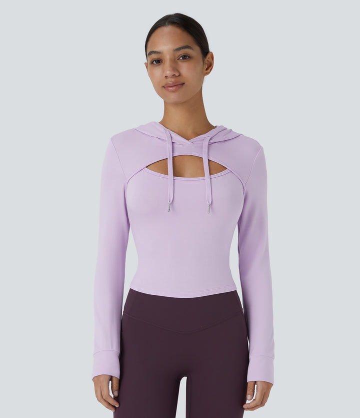 Hooded Drawstring Cut Out Casual Hoodie Sweatshirt — Misty Purple — view 1