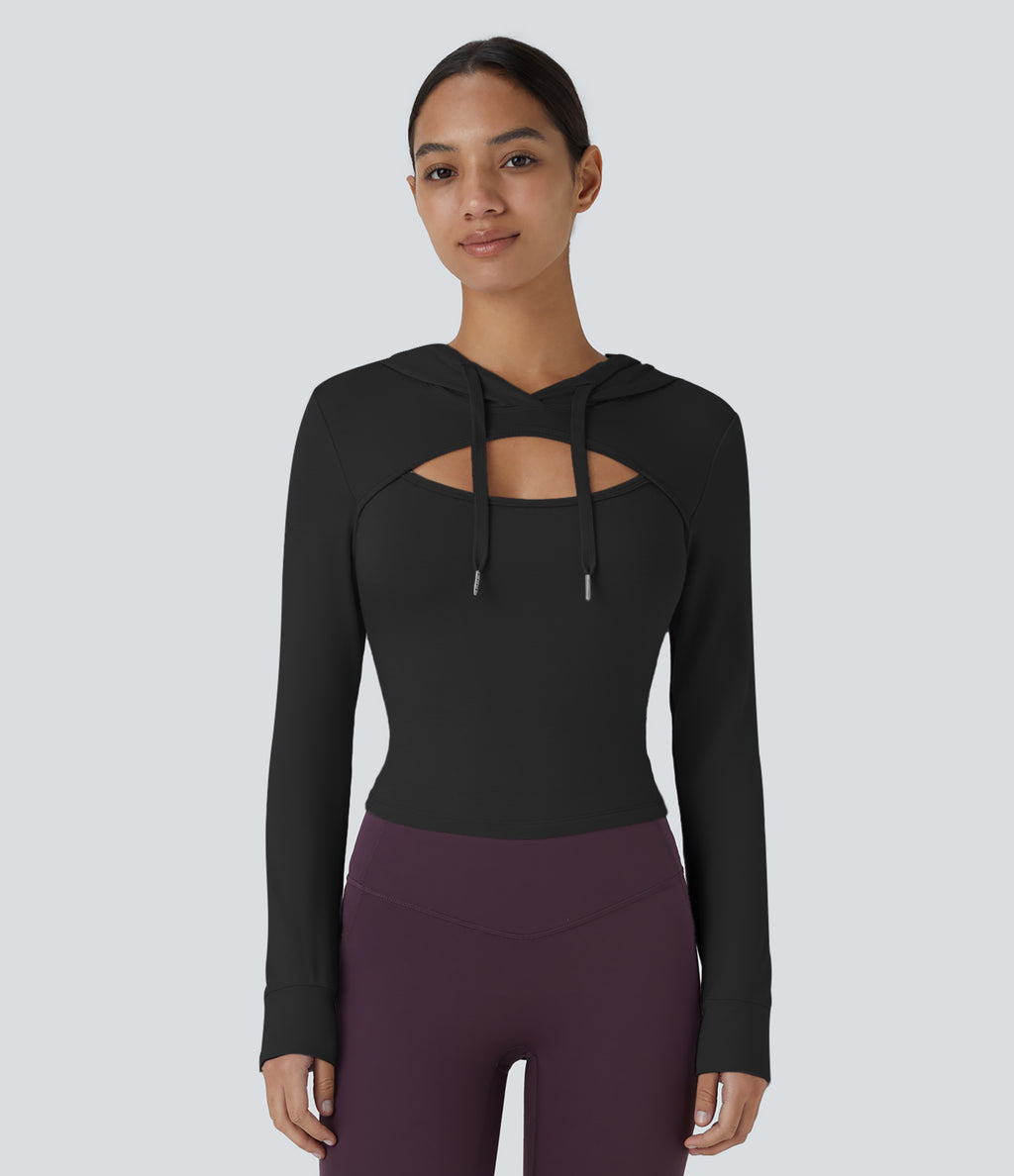 Hooded Drawstring Cut Out Casual Hoodie Sweatshirt — Black — view 9